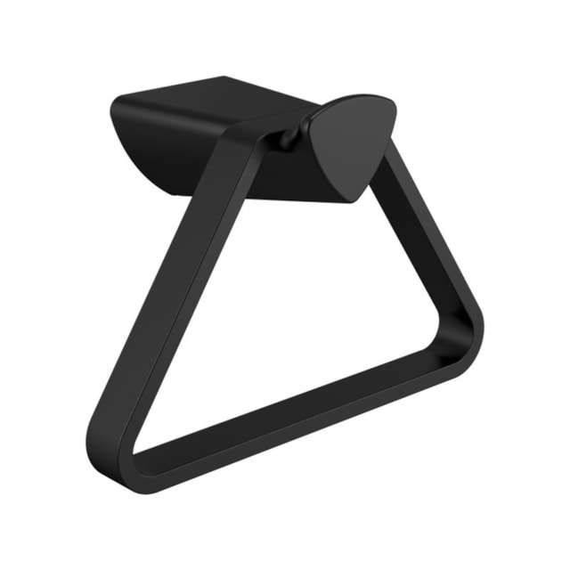 Toallero en aro con estilo innovador y geométrico combinando elementos redondeados, rectangulares y triangulares.
Terminado: negro mate.